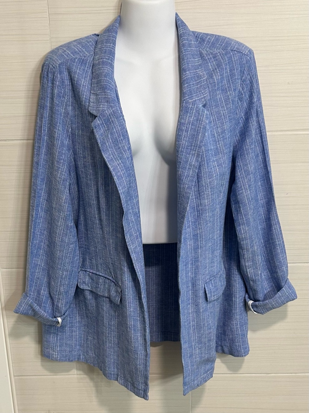 Old Navy Blue White Stripe Linen Blend Blazer Open Front Lightweight Jacket, L